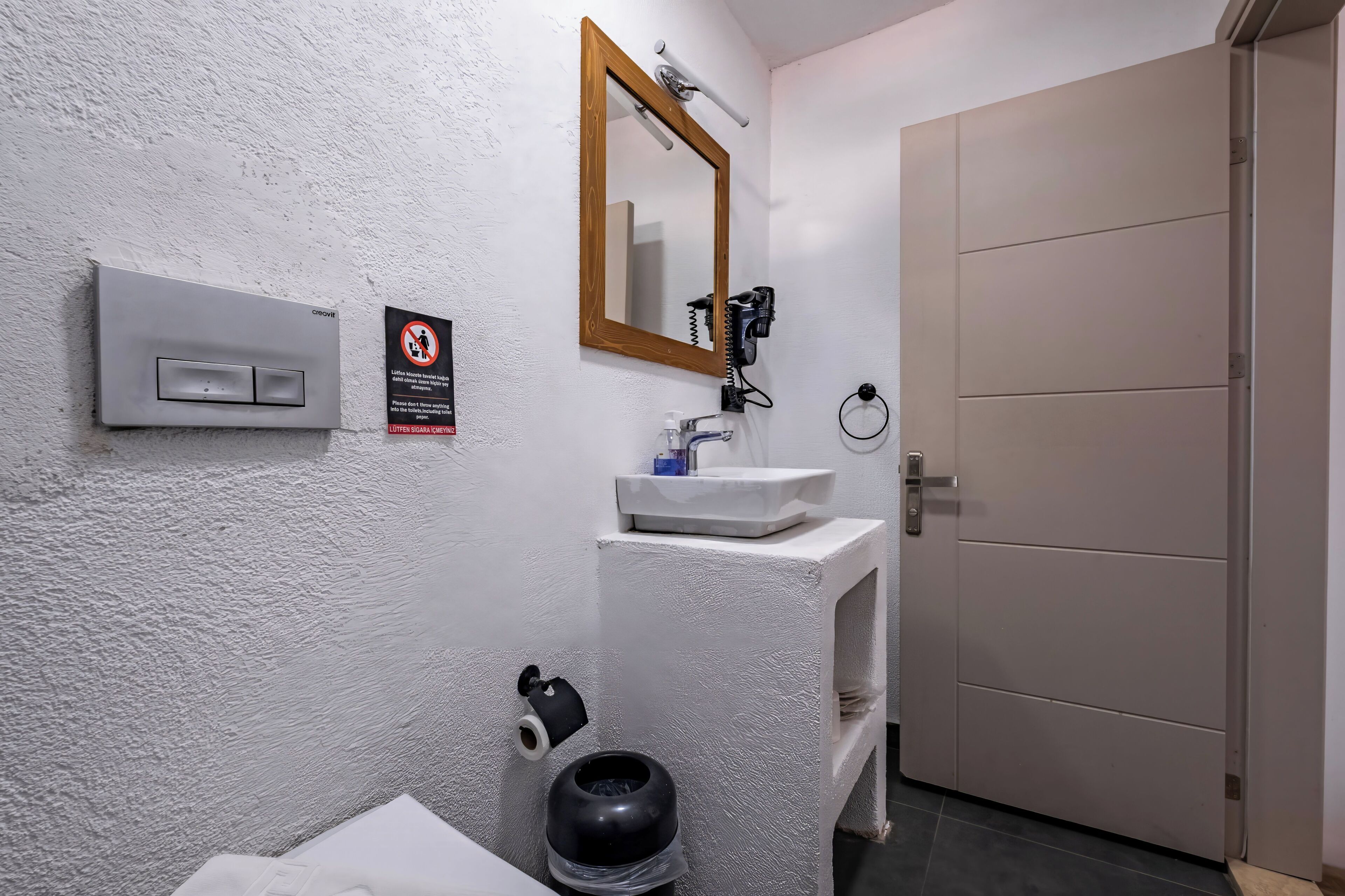 A bathroom with a white sink, a mirror, a hairdryer, a toilet paper holder, and a door.