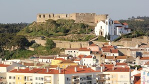 Un castello storico su una collina che domina una città con edifici colorati e una chiesa.