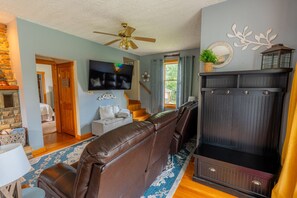 Smart TV, fireplace, books