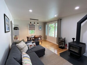 Smart TV, chimenea y libros
