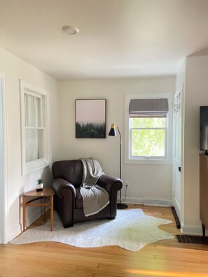 Smart TV, chimenea y libros