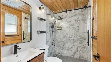 Hair dryer, towels, soap, shampoo