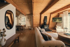 Smart TV, fireplace, books