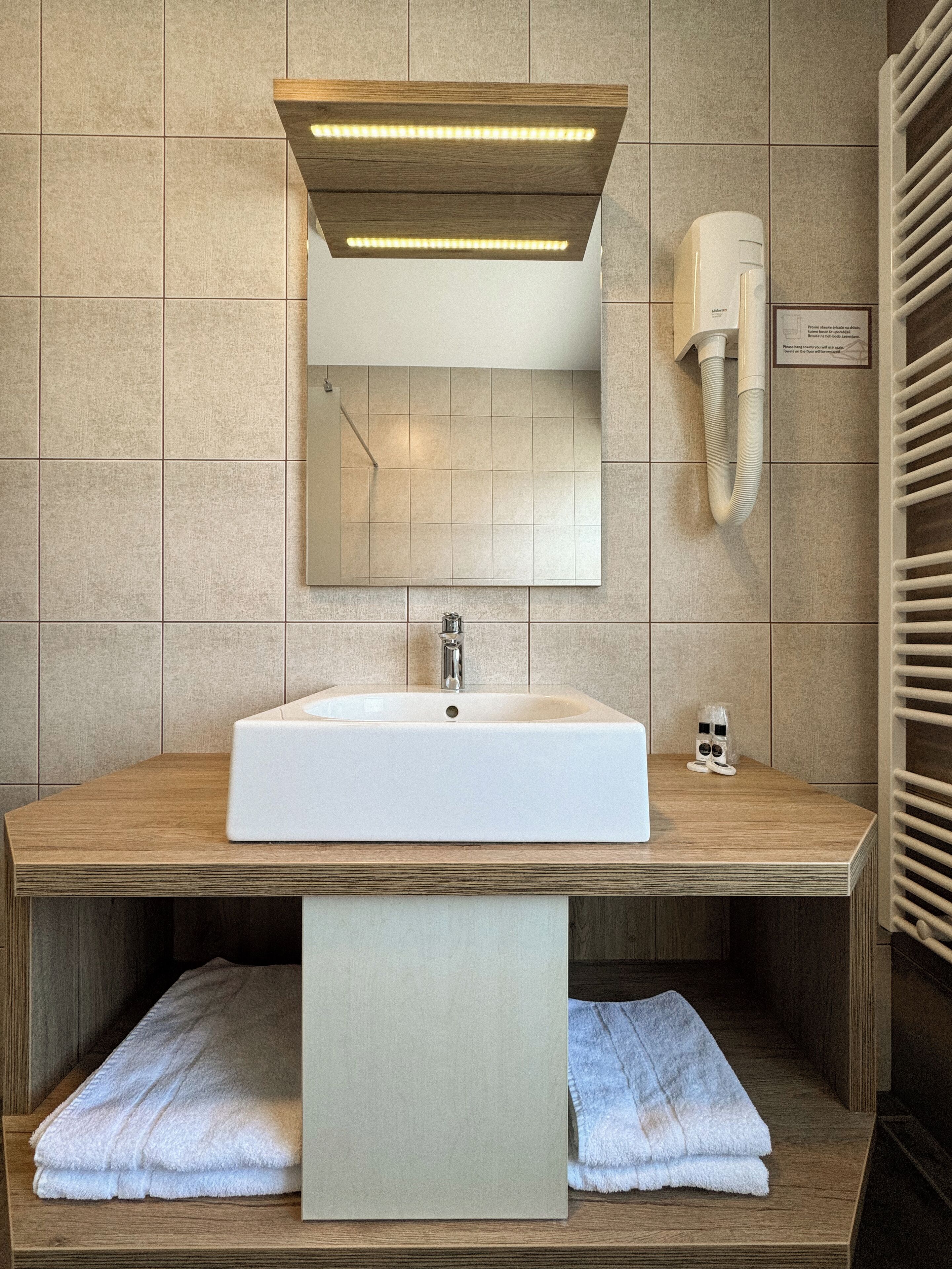 A bathroom with a white sink, a mirror, a towel rack, and a hairdryer.