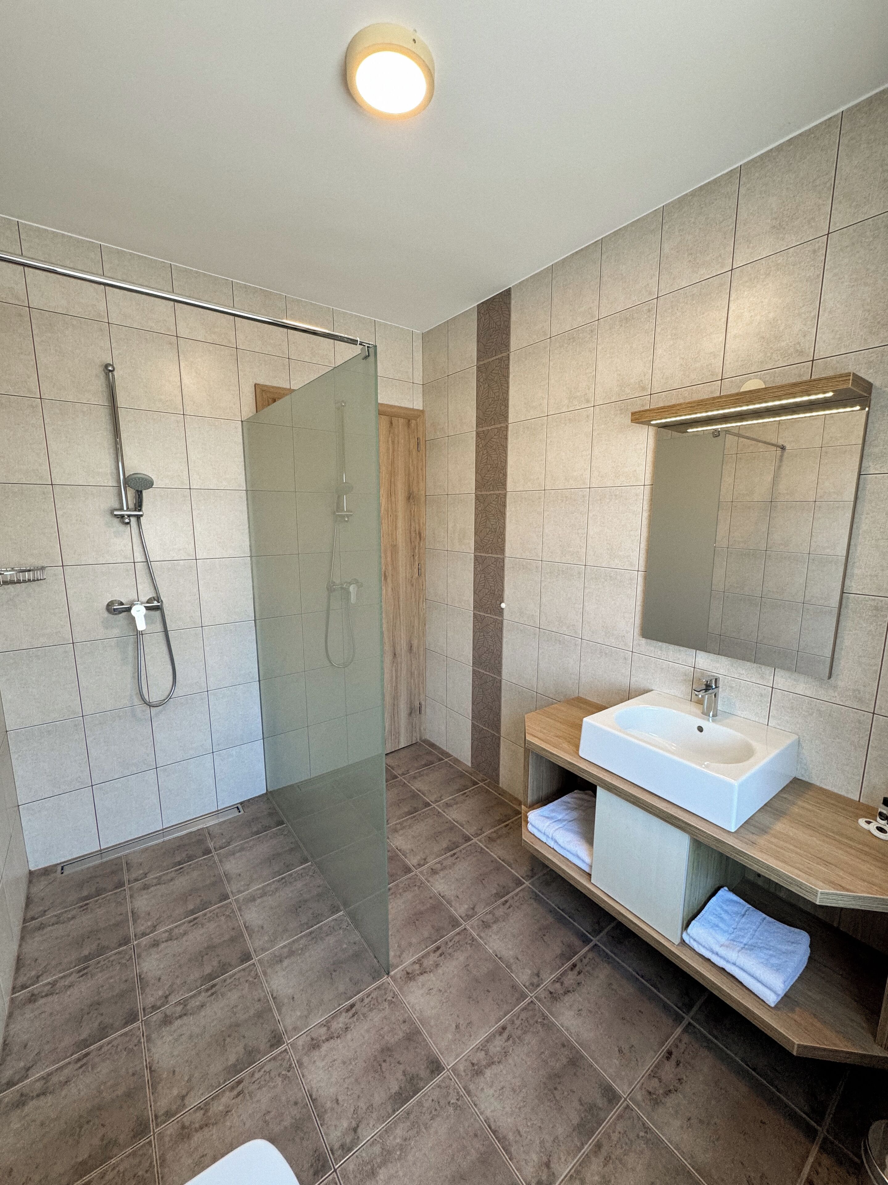 A modern bathroom with a glass-enclosed shower, a wooden vanity with a sink, and a mirror above it.