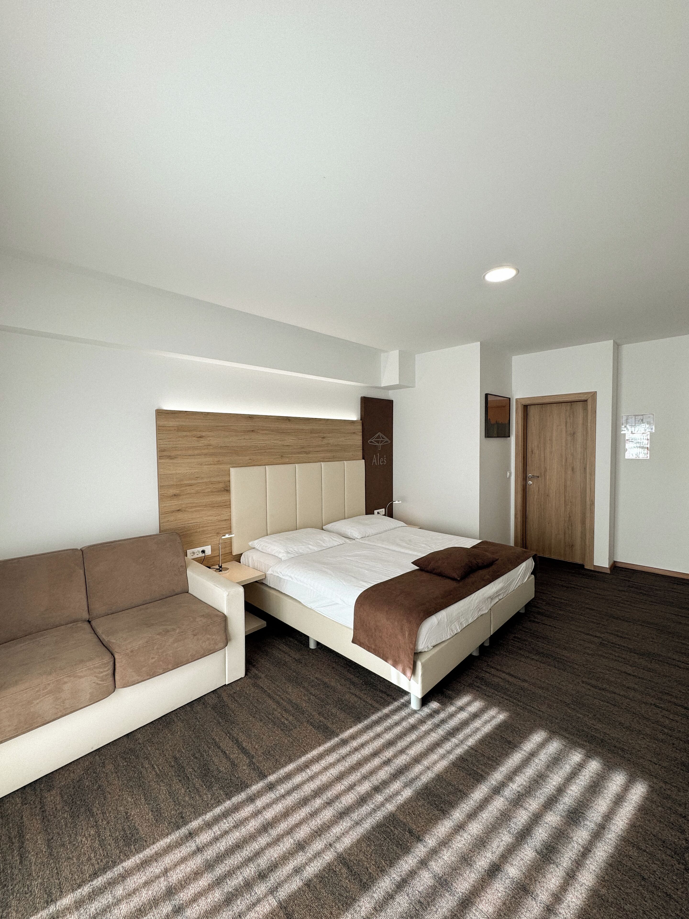 Een moderne hotelkamer met een bed, een bank, een houten hoofdeinde en een deur.