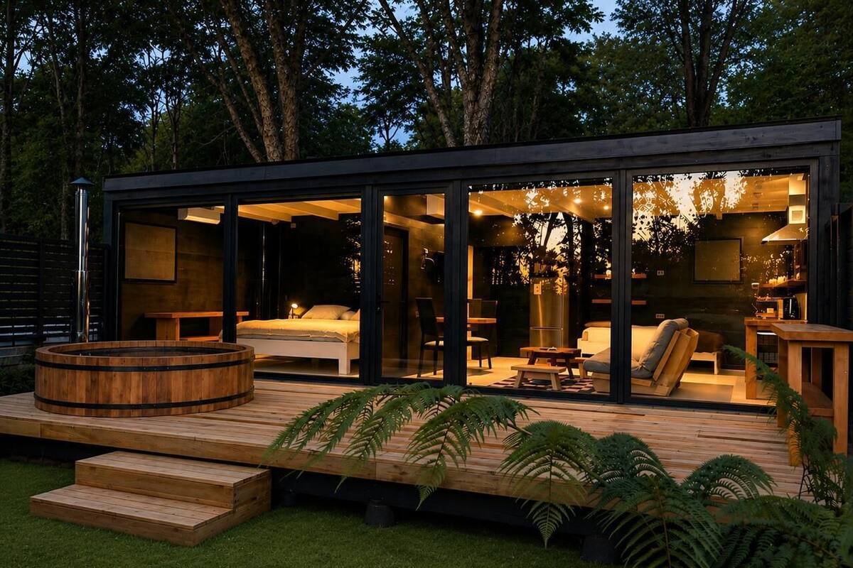A modern house with a large glass facade, a wooden deck, and a hot tub.