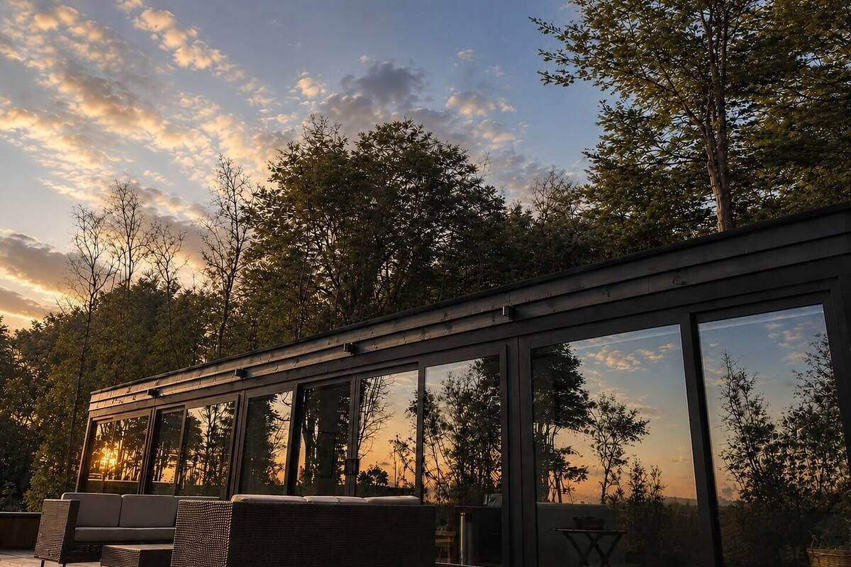 A modern outdoor deck with a sofa and chairs, large glass windows, and a view of trees and sky.