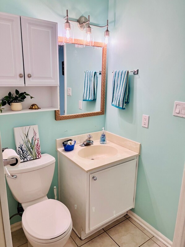 A bathroom with a toilet, sink, and cabinet. - Walk Across the Street to Beautiful Soft Sandy Beach! (Murrells Inlet)