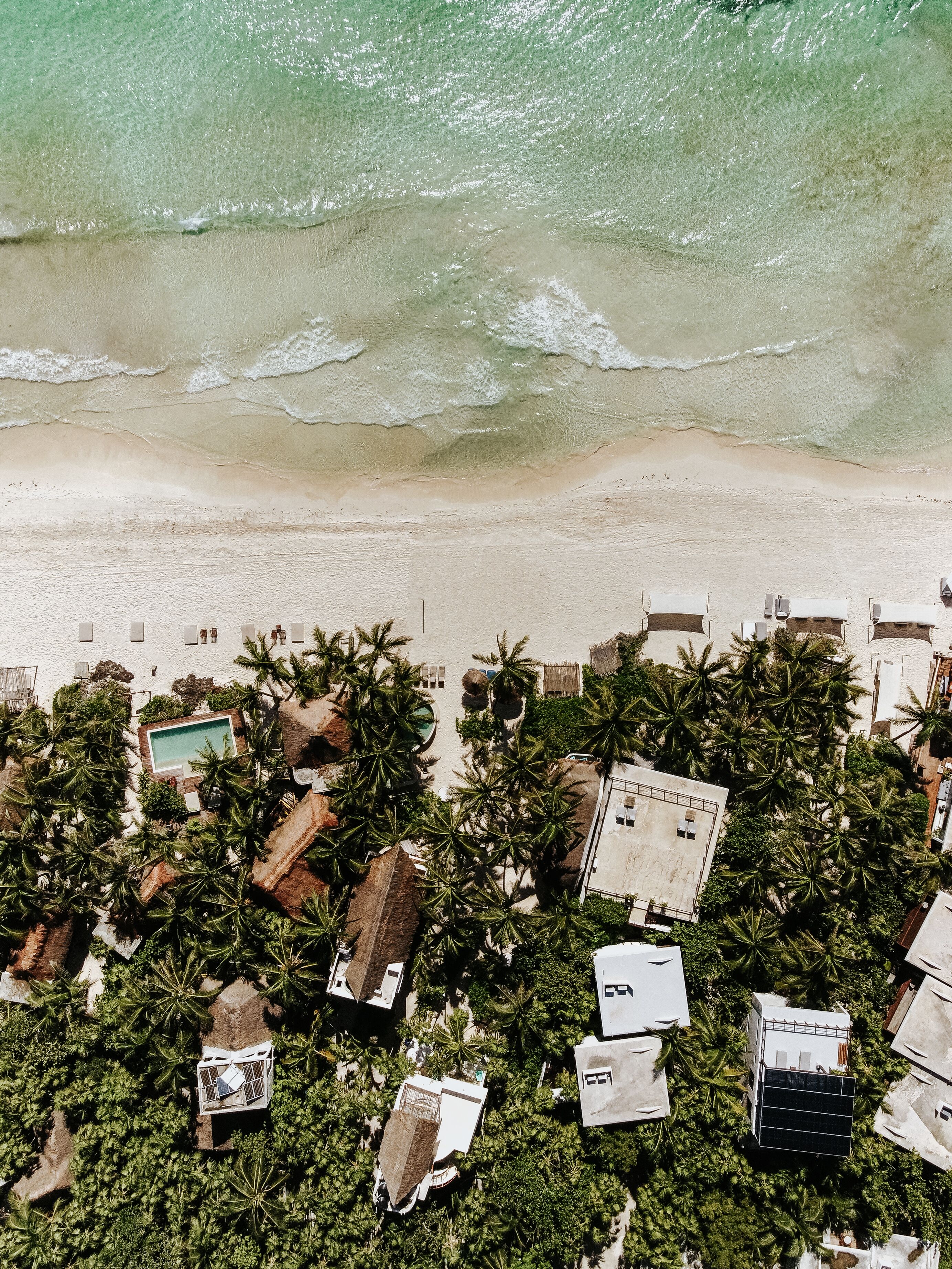 An aerial view of a beachside resort with multiple buildings, a swimming pool, and palm trees.