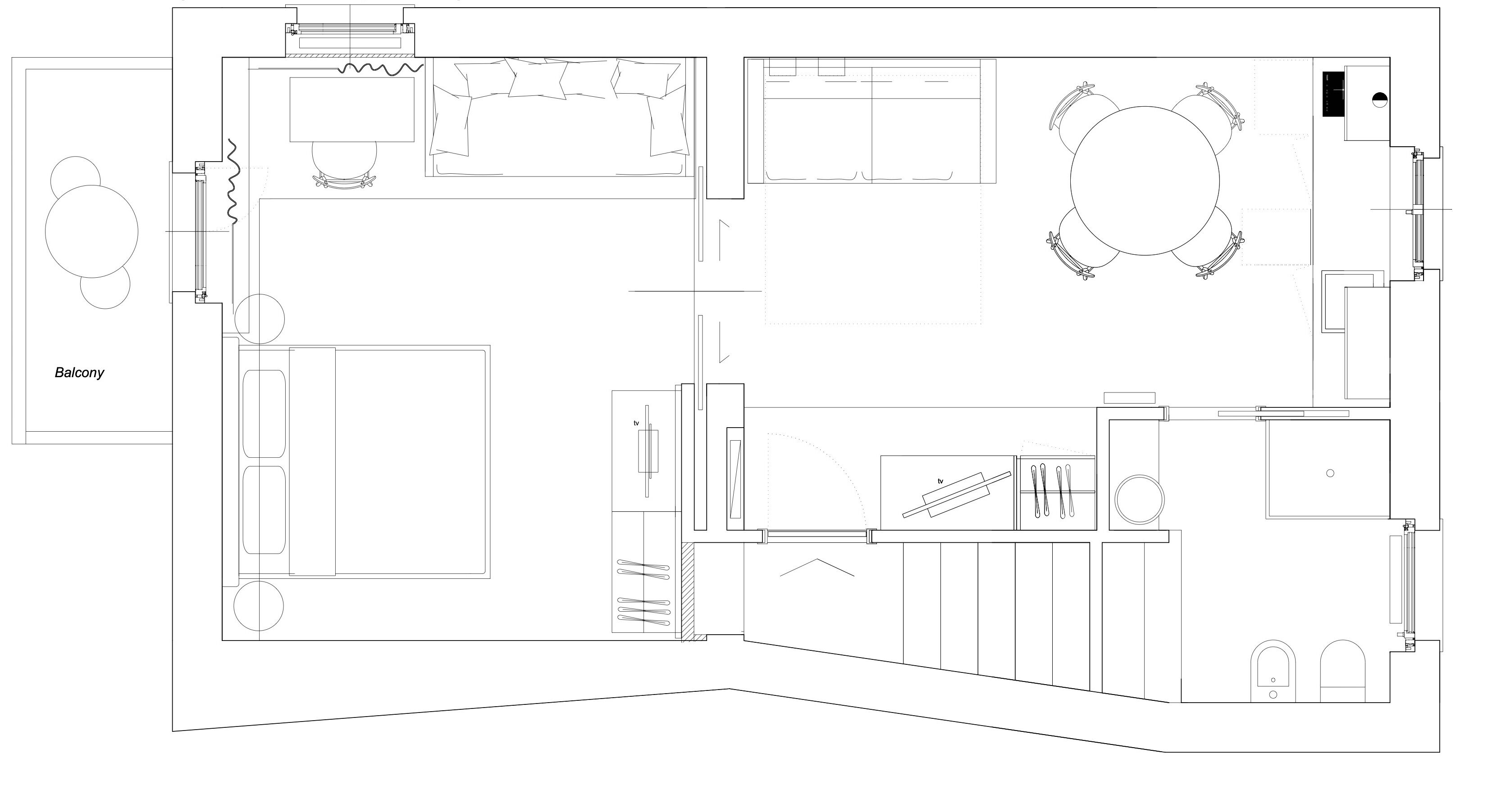 A floor plan of a hotel with a balcony, a dining area, and a conference room.