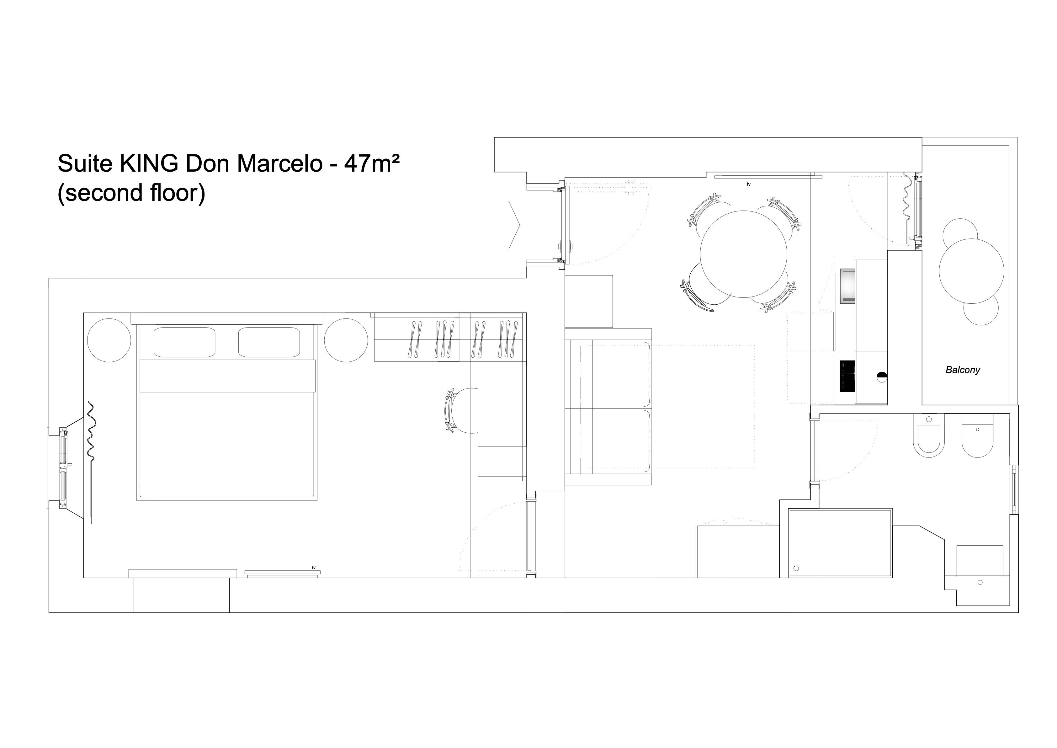 A floor plan of Suite KING Don Marcelo, 47m², on the second floor. It includes a large bedroom, a bathroom, a balcony, and a small sitting area.