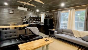 Smart TV, fireplace, books, stereo