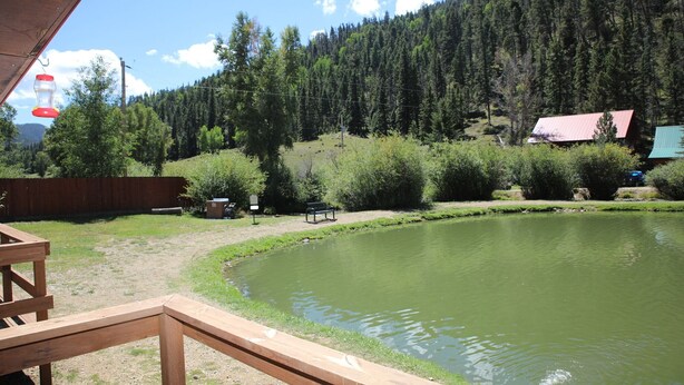 A wooden deck with a bench, a pond, a red-roofed building, and a forested hillside. - Located on our Private Fishing Pond (Red River)