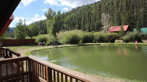 Une vue sur le lac, avec une terrasse en bois, un bâtiment au toit rouge et une colline boisée.