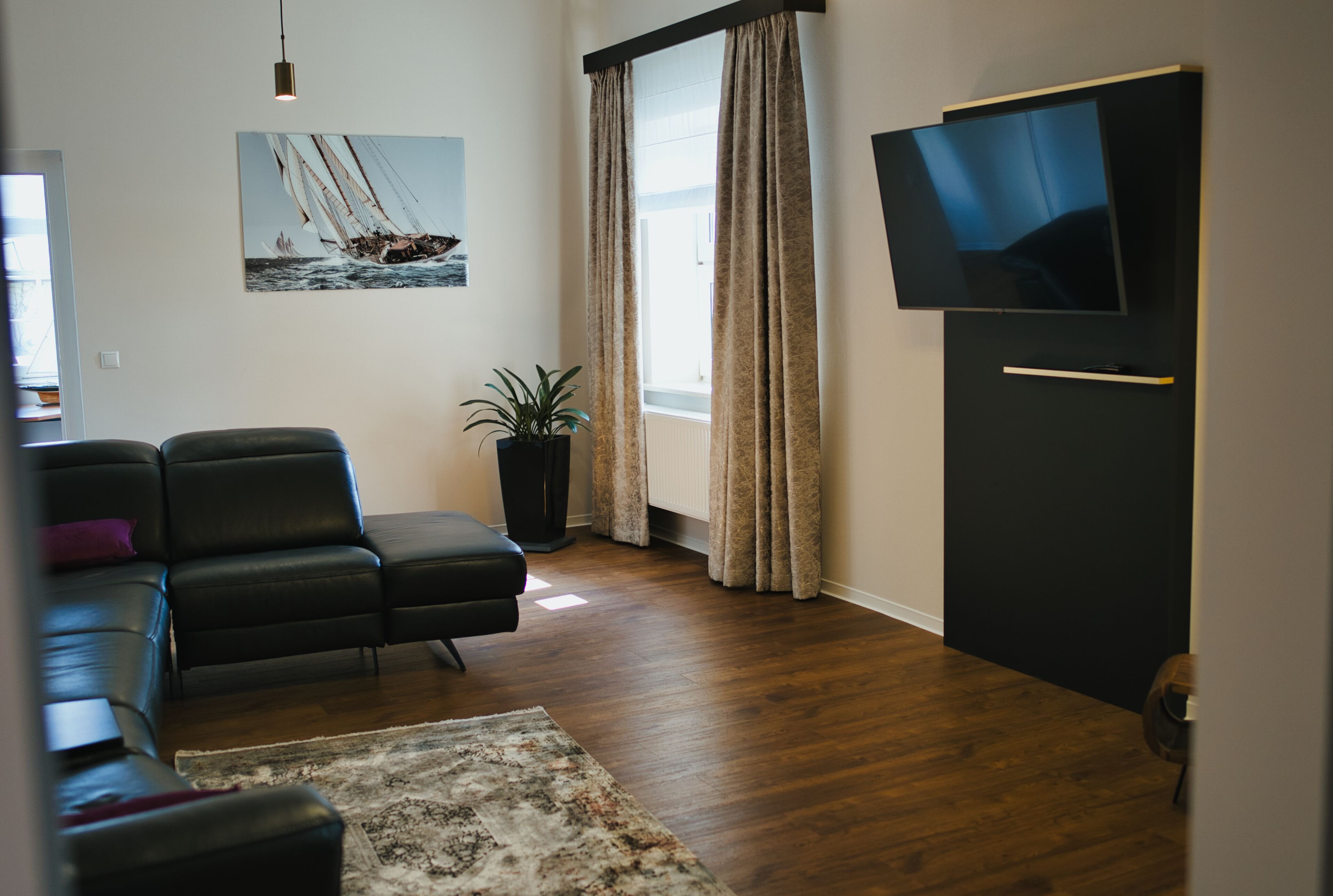 A living room with a sofa, a television, a plant, and a window with curtains.