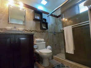 Shower, hair dryer, towels, soap