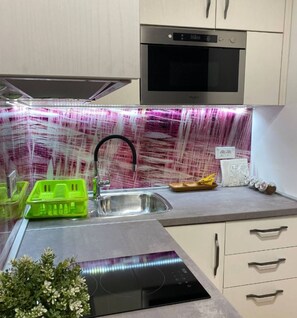 Kjøleskap, mikrobølgeovn, kokeplater og kaffetrakter/tekoker