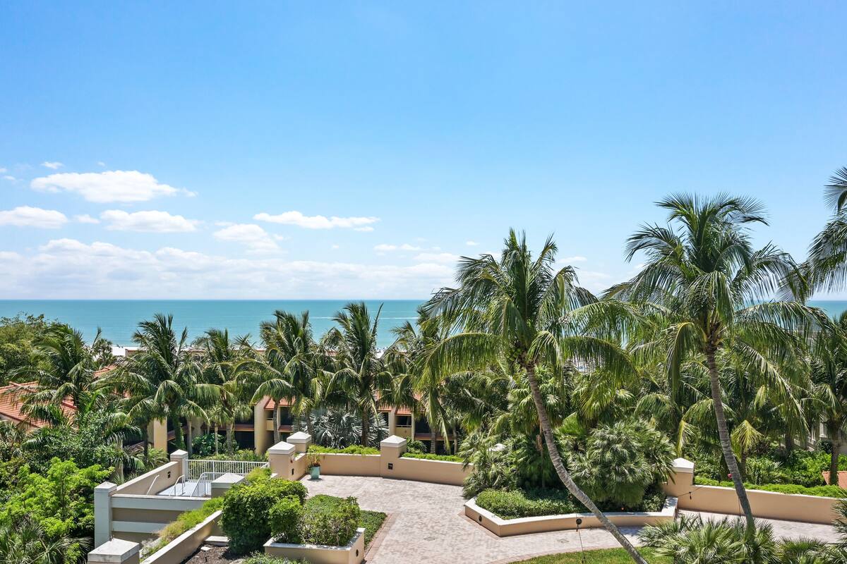 A resort with a view of the ocean, palm trees, and a paved walkway.