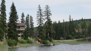 A riverside view with a house and dense forest in the background.