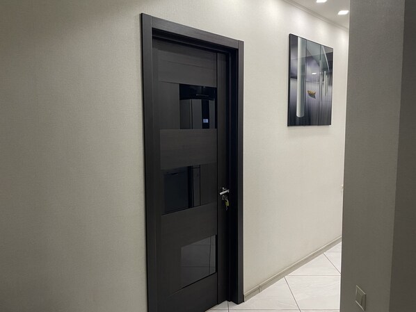 A hallway with a modern door and a framed artwork on the wall. - Mimino T&G (Tbilisi)
