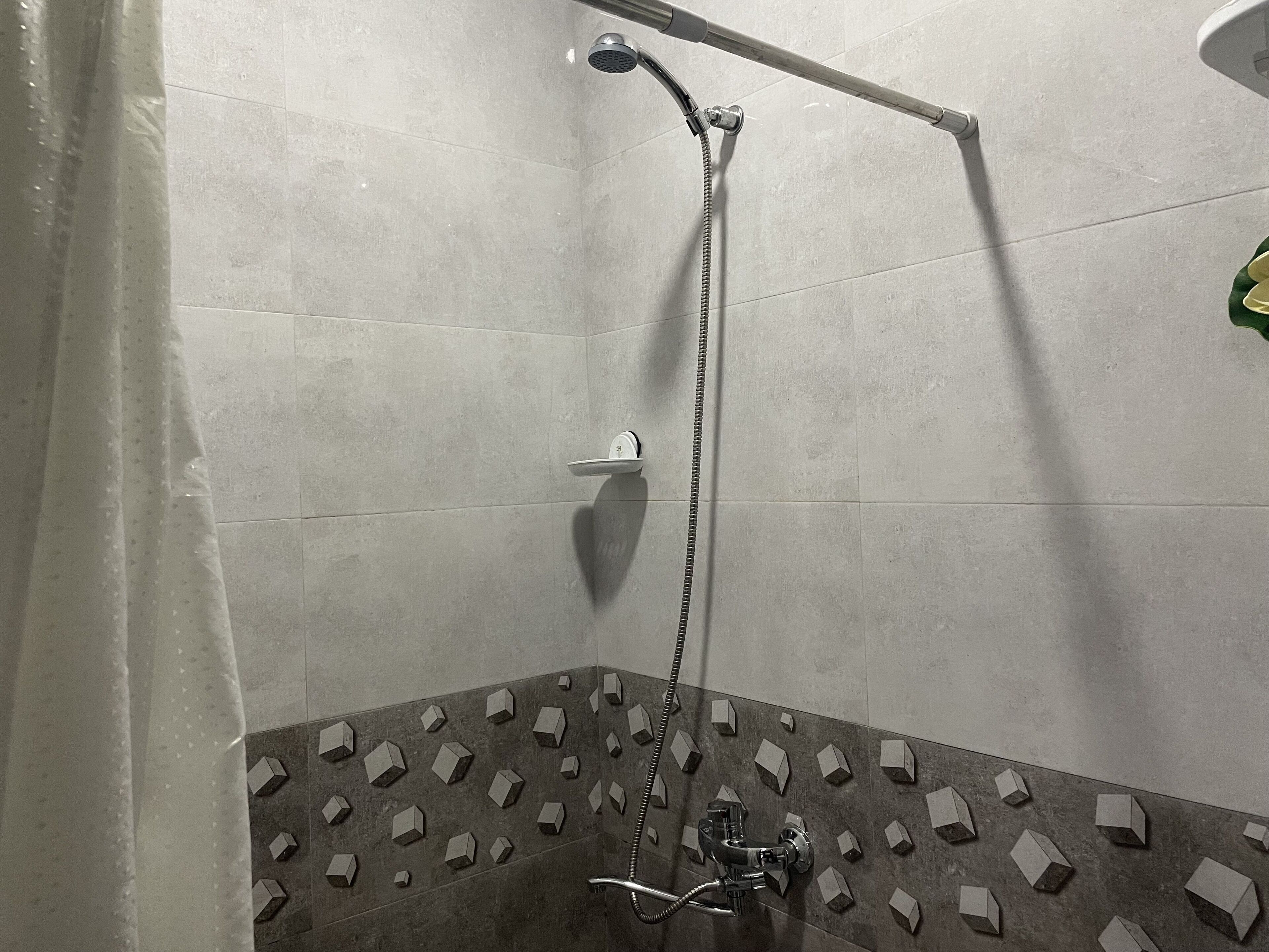 A shower with a handheld showerhead and a wall-mounted faucet.