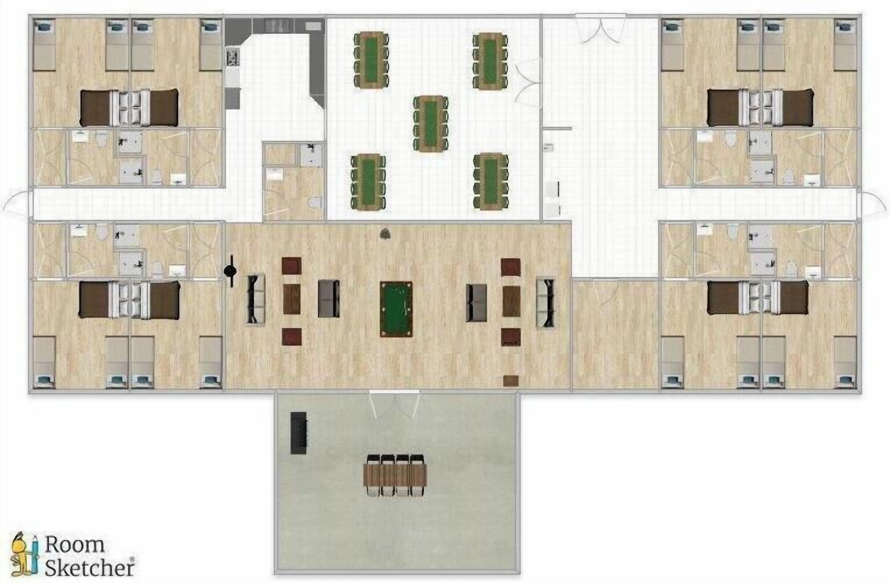 A hotel layout with multiple bedrooms, a dining area, a pool, and a gym.