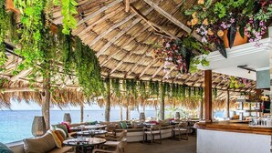 Un espacio al aire libre con mesas y sillas, techo de paja, plantas colgantes y vista al mar.