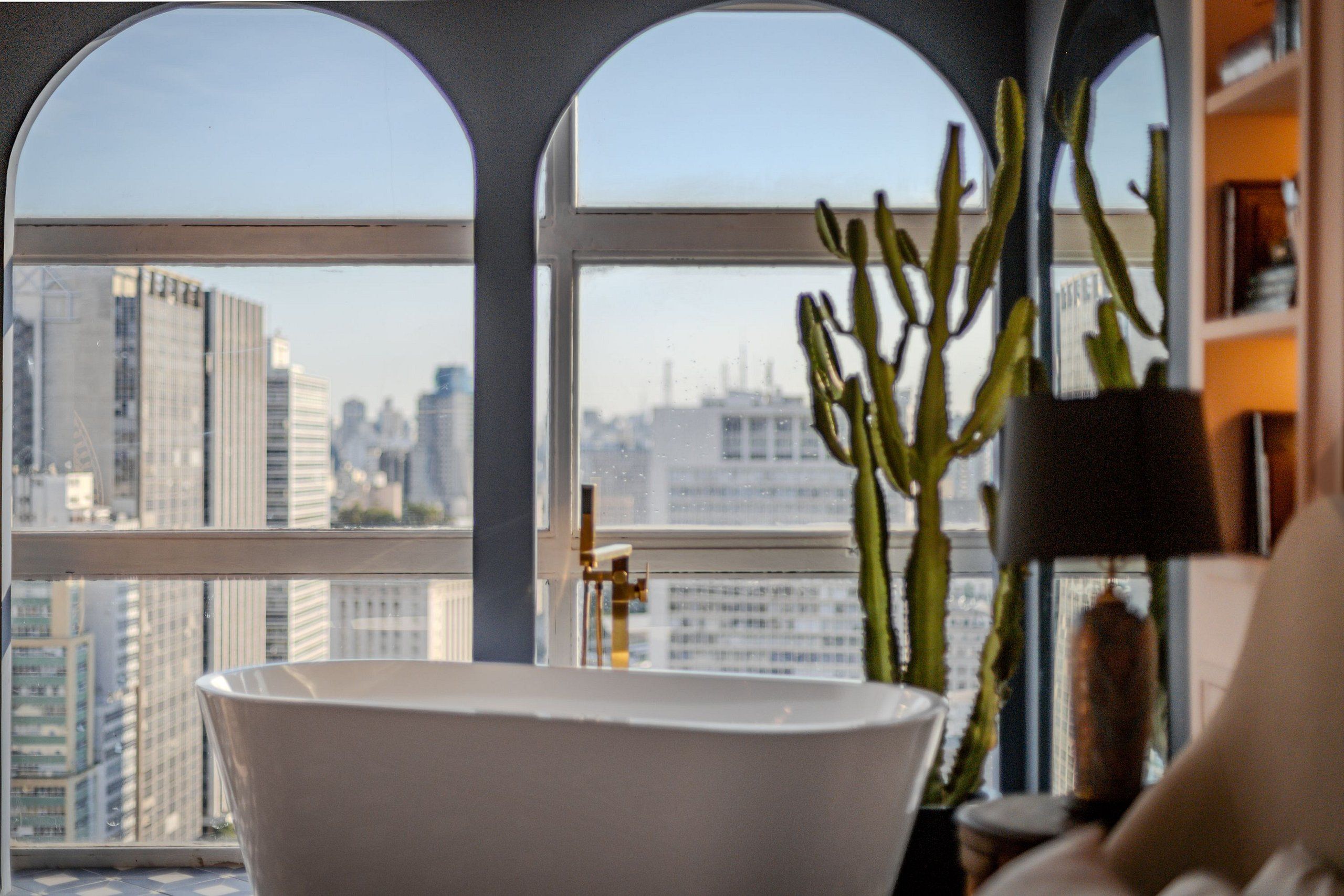 A room with a bathtub, a cactus plant, and a view of a cityscape through arched windows.