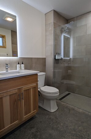 Shower, hair dryer, towels - Raccoon Cabin @ Orange Tractor Retreat: a new, modern cabin on 40 private acres (Wisconsin Dells)