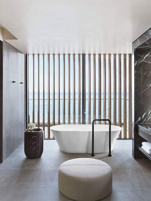 Separate tub and shower, rainfall showerhead, eco-friendly toiletries