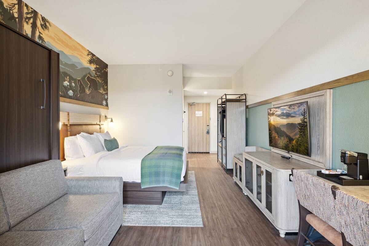 A hotel room with a bed, a sofa, a desk, and a TV.