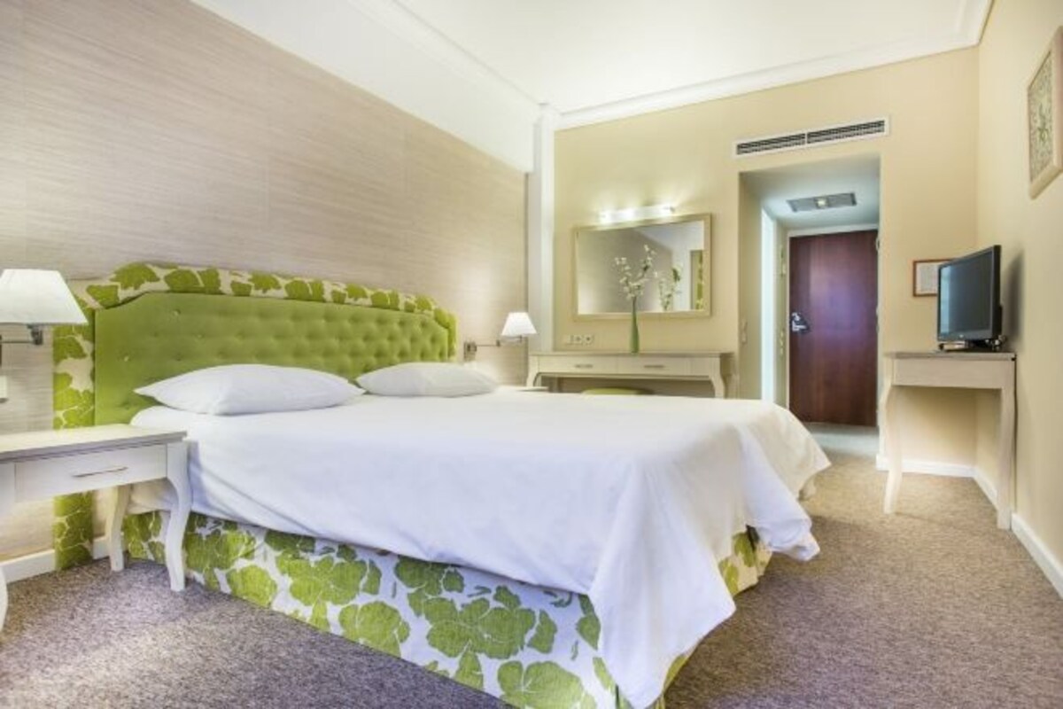 A hotel room with a green upholstered headboard, a bed with white bedding, a bedside table with a lamp, a TV on a stand, and a mirror above the bed.