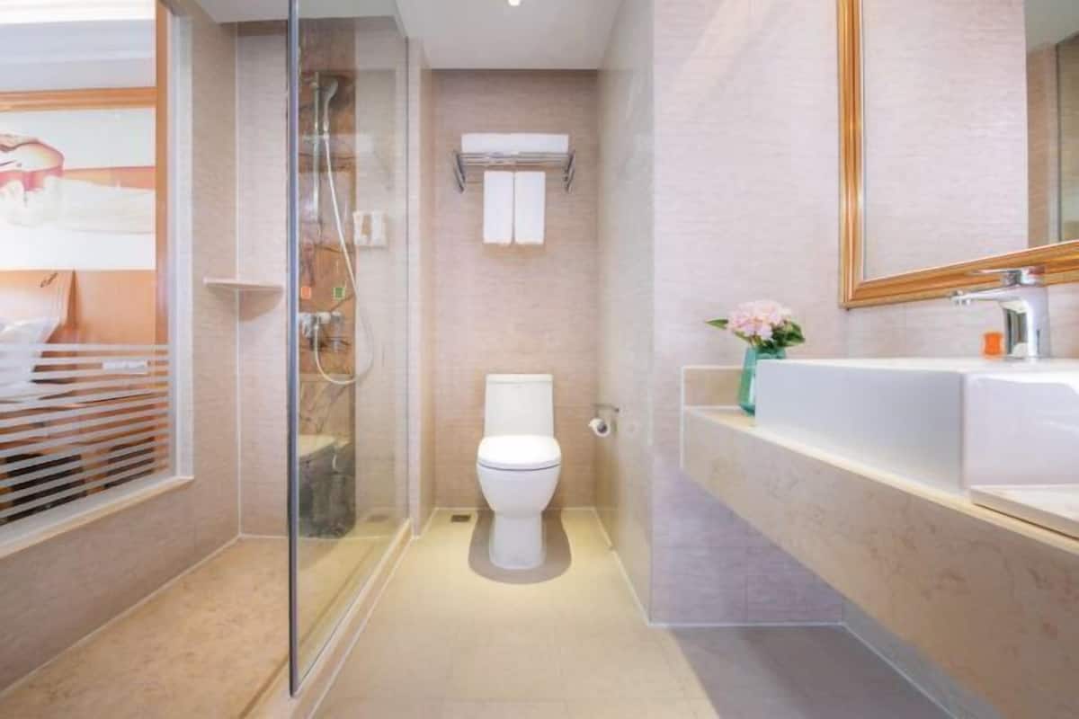 A modern bathroom with a glass shower enclosure, a white toilet, and a large mirror above the sink.