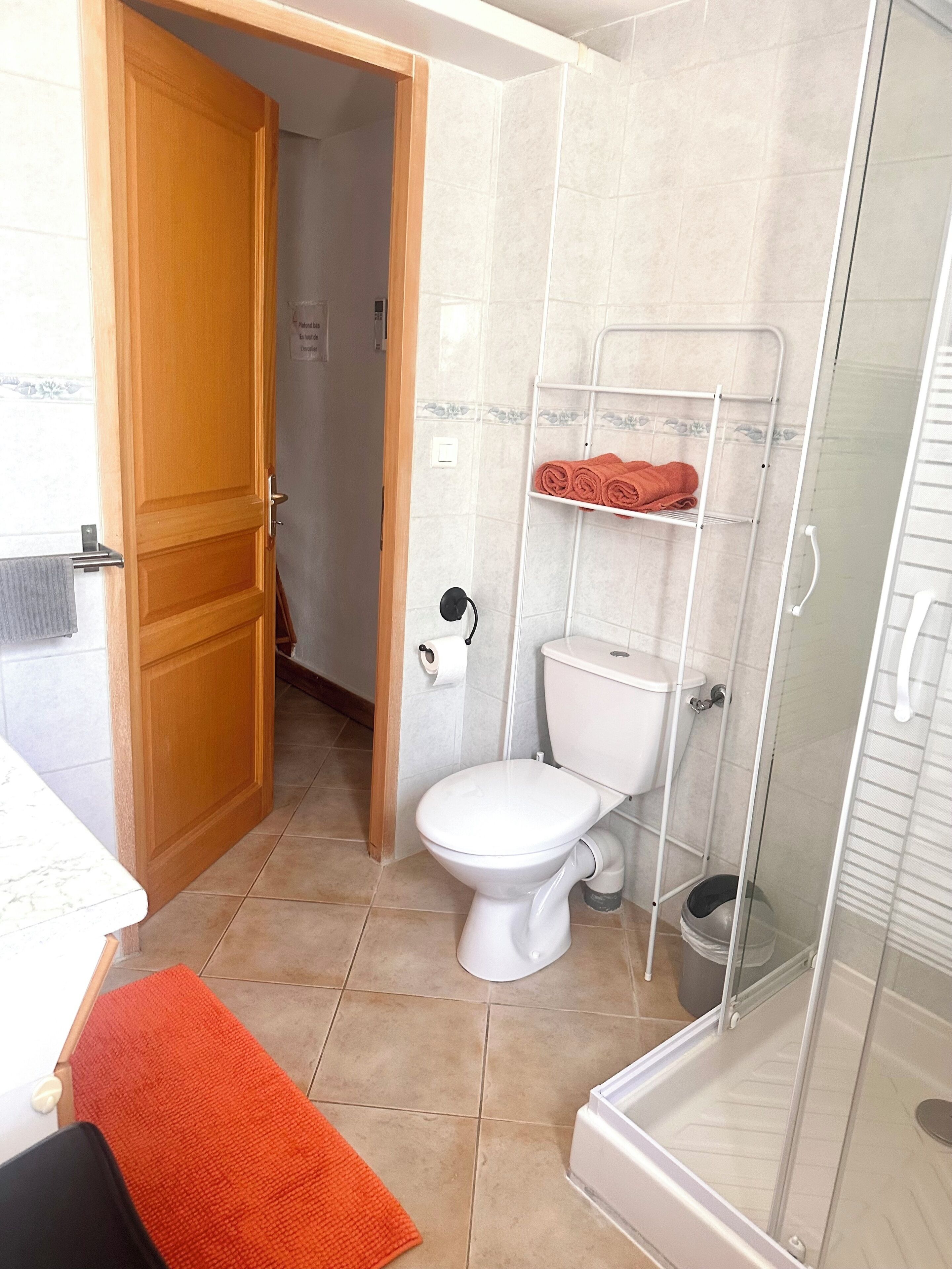 Ein Badezimmer mit Toilette, Dusche und Handtuchhalter.