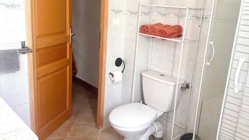 Ein Badezimmer mit Toilette, Dusche und Handtuchhalter.