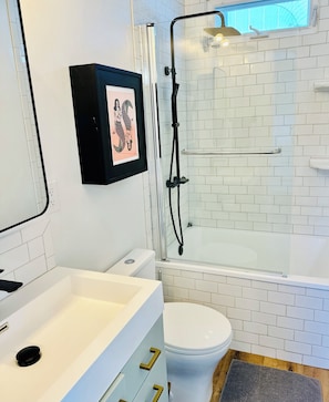 Hair dryer, towels, soap, shampoo