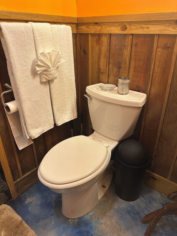 Un baño con un inodoro, un rollo de papel higiénico, una toalla blanca con un lazo y un cubo de basura negro.