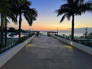 A paved walkway with palm trees, leading to a waterfront view. - CASA SUNSET - Palmar’s New Luxurious 3rd Floor Seaview Condo (Cozumel)