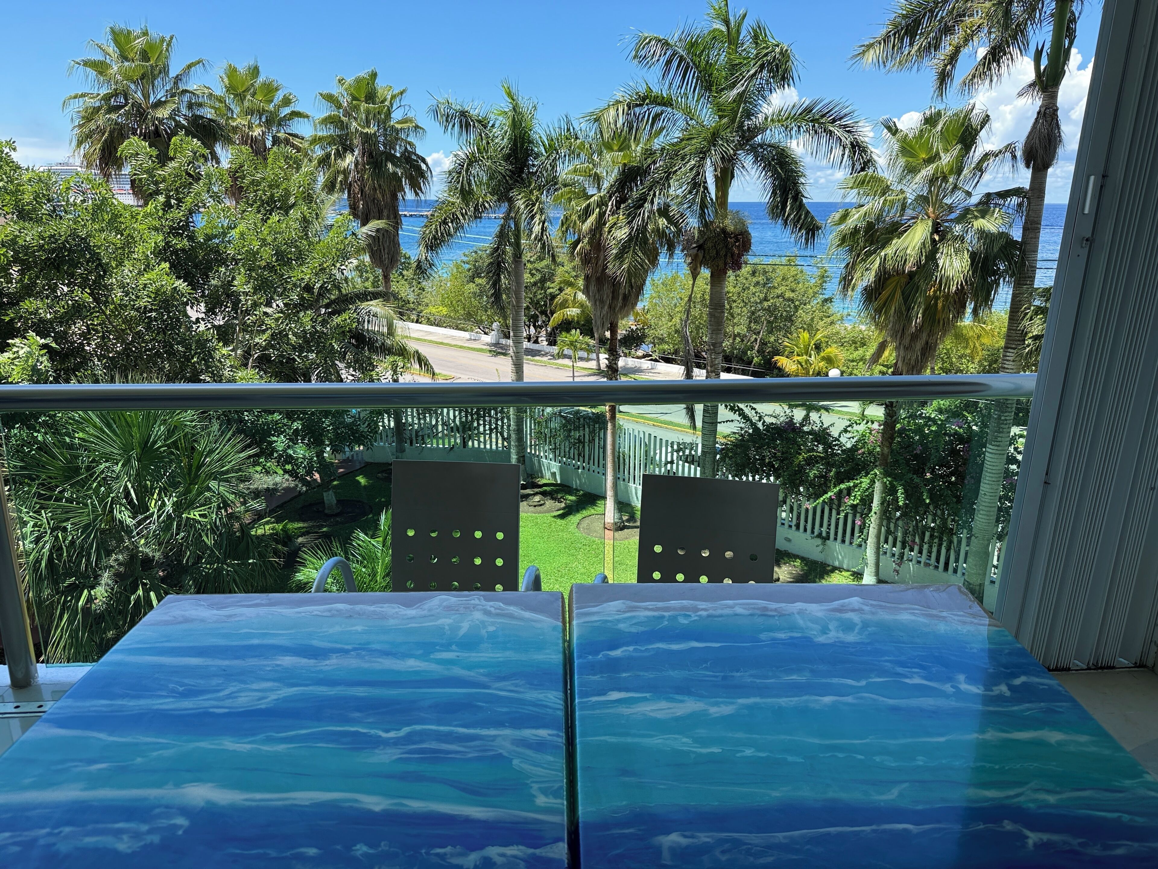 A balcony with a view of the ocean and palm trees.