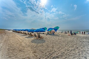 A beach with rows of blue umbrellas and beach chairs, a sandy shore, and the ocean in the background.