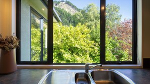 A kitchen with a large window, a sink, and a potted plant. - Prime Location | 3 bedroom home | Unlimited WIFI (Queenstown)