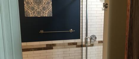 A bathroom with a toilet, a shower, and a patterned wall.