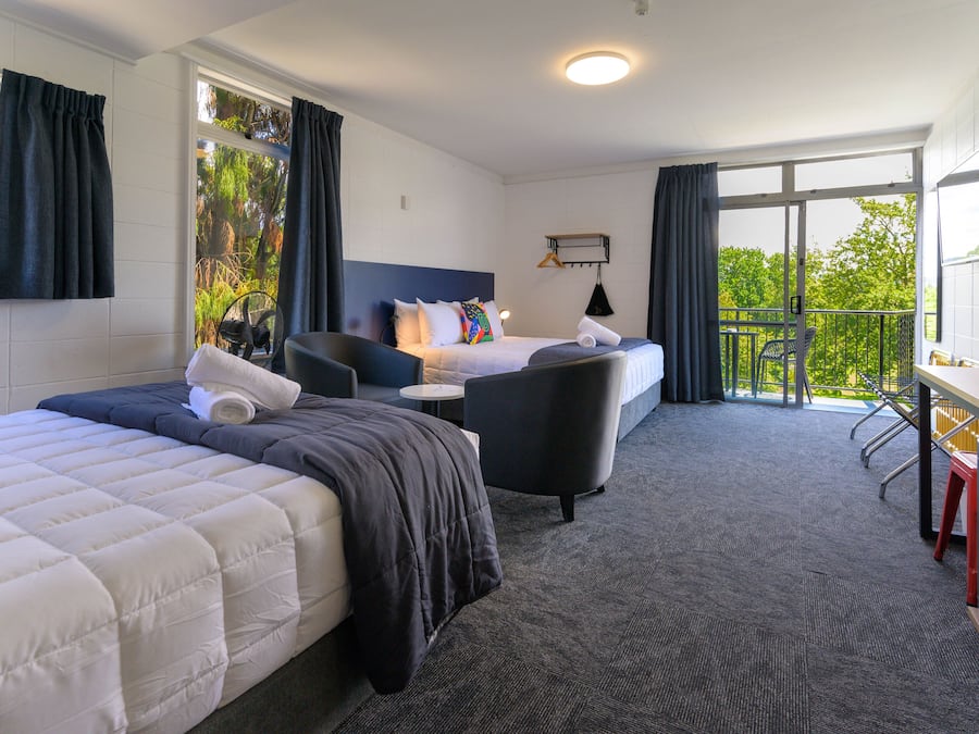 Twin Studio (2 Queen Beds) & Ensuite bathroom | Laptop workspace, free cribs/infant beds, free WiFi, bed sheets