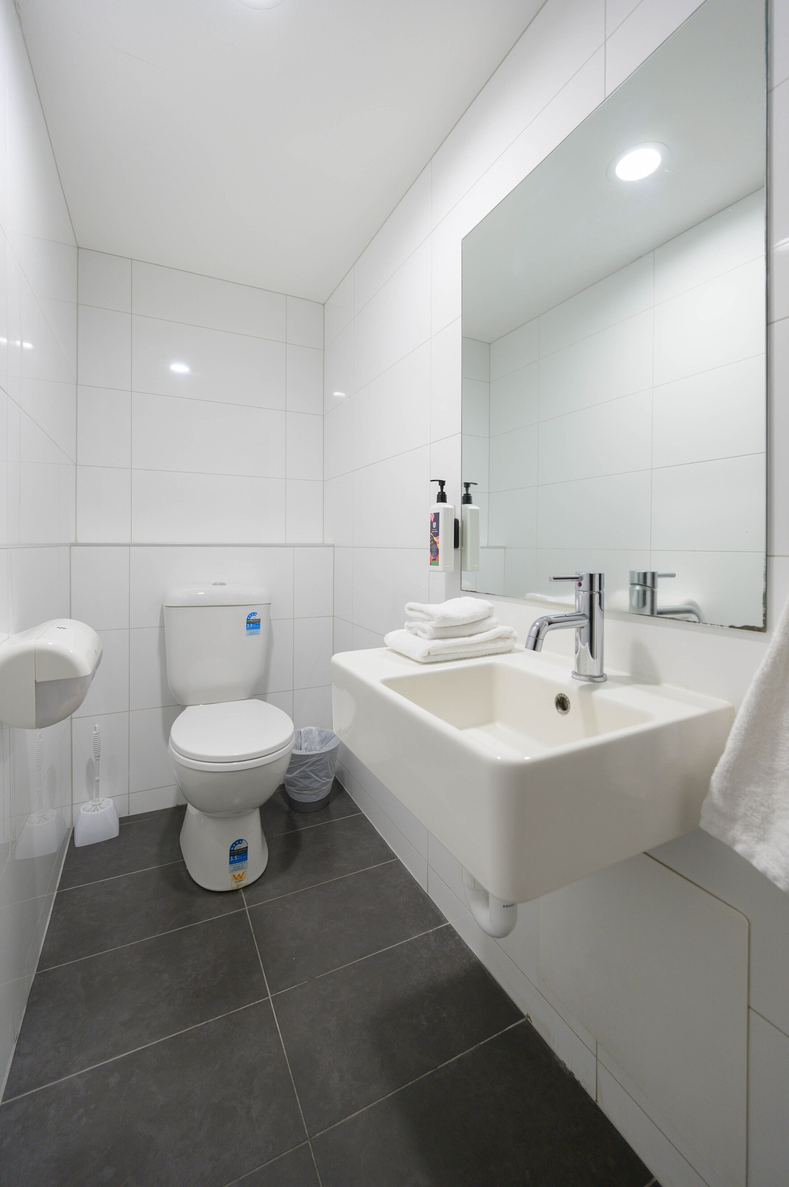 A modern bathroom with a toilet, sink, and mirror.