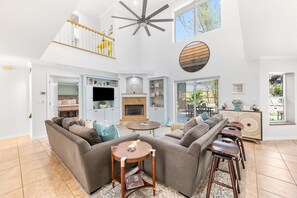 Smart TV, fireplace, video games, DVD player