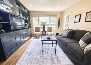 Smart TV, fireplace, books, stereo