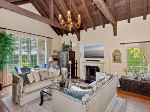 Smart TV, fireplace, books, stereo