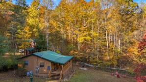 A cabin with a green roof, surrounded by a forest with autumn foliage. - Cozy and Private Smoky Mountain escape-perfect for a romantic getaway (Cosby)