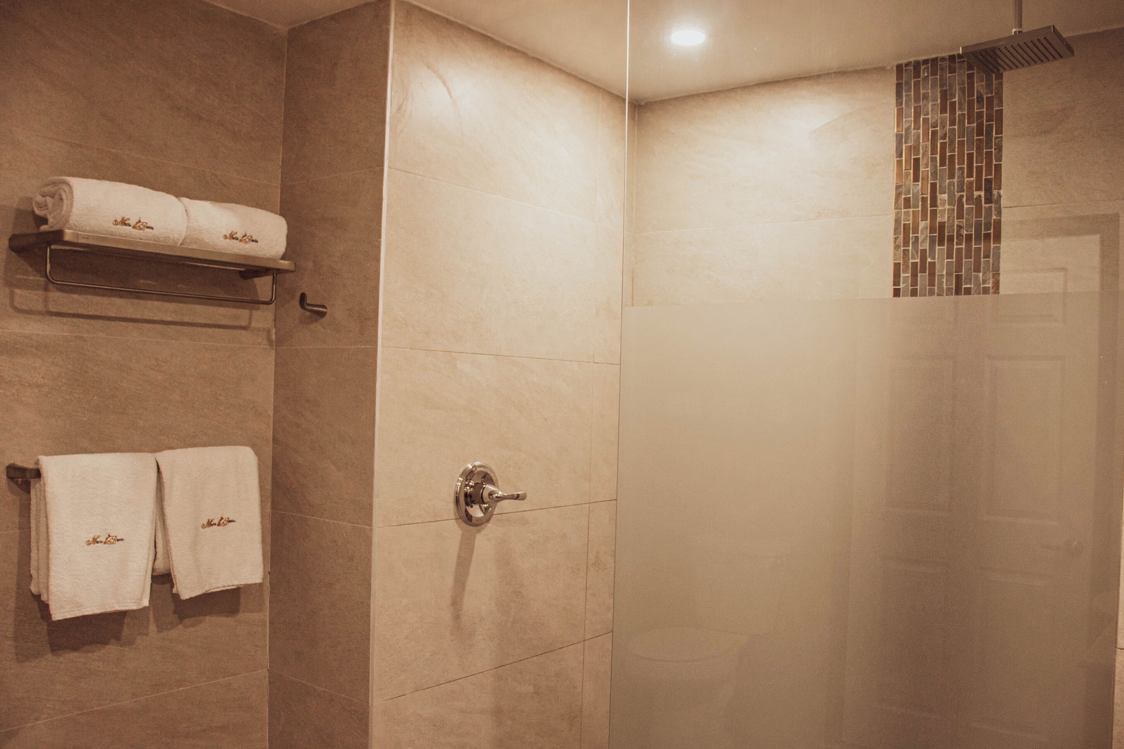 Casa de banho com chuveiro, porta-toalhas com toalhas e parede revestida a azulejos.